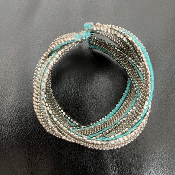 BRACELET Turquoise Colour Silver Tone Beads Adjustable Wide Cuff Western Boho - Picture 10 of 12